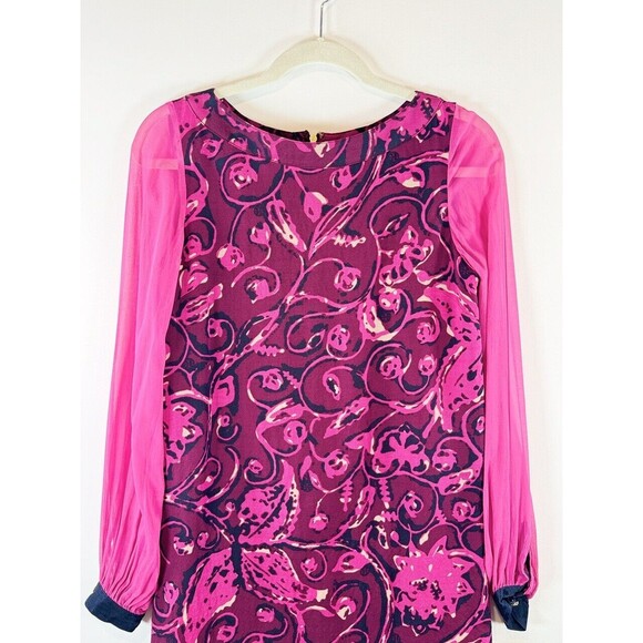 Tory Burch Dress Pink Floral Mini Sheath Wool Silk Long Sleeve Sheer Size 4 - Picture 5 of 14